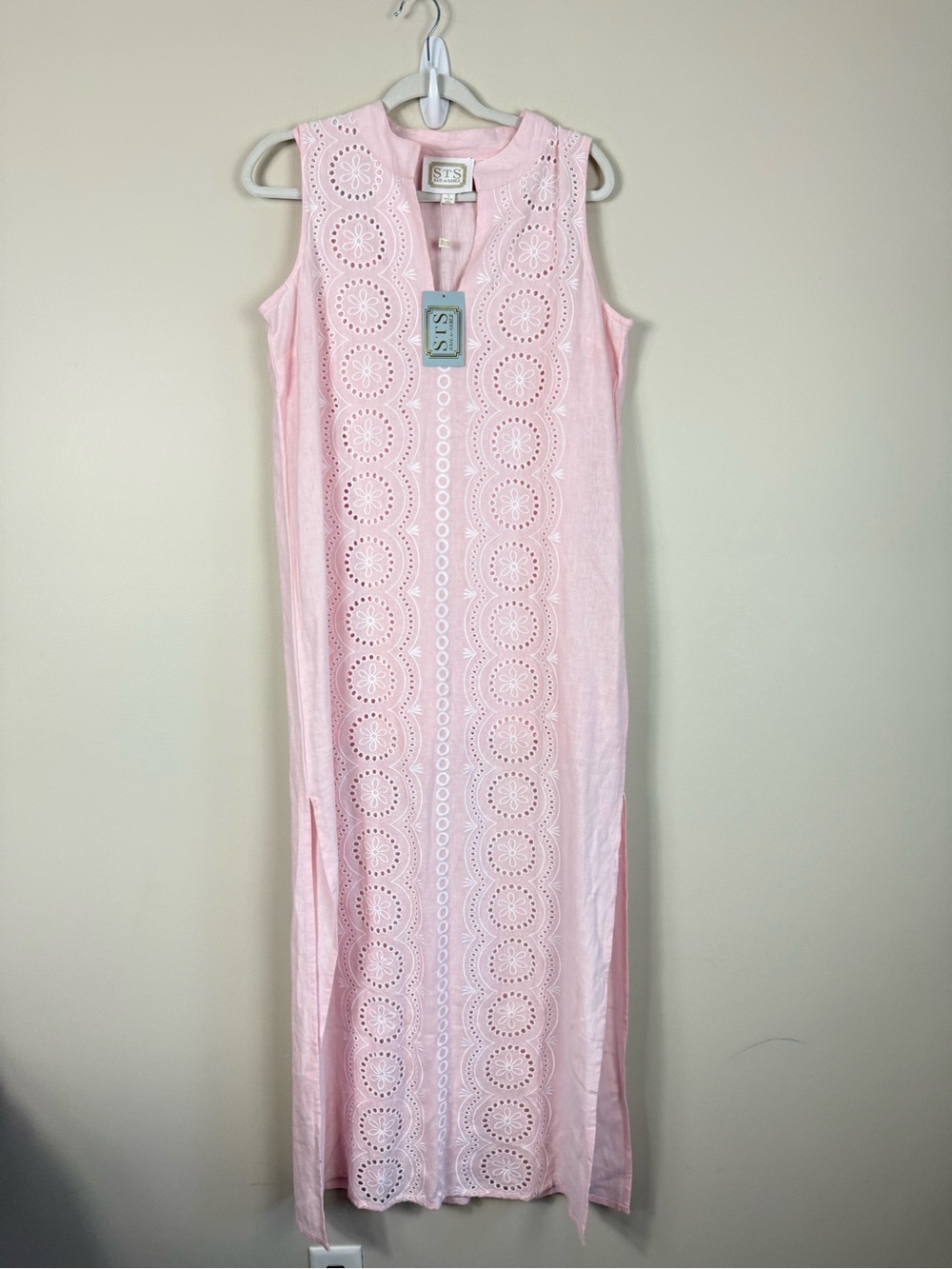 STS Pink Eyelet Maxi Dress Small Embroidered Blush Pink White Sleeveless Resort